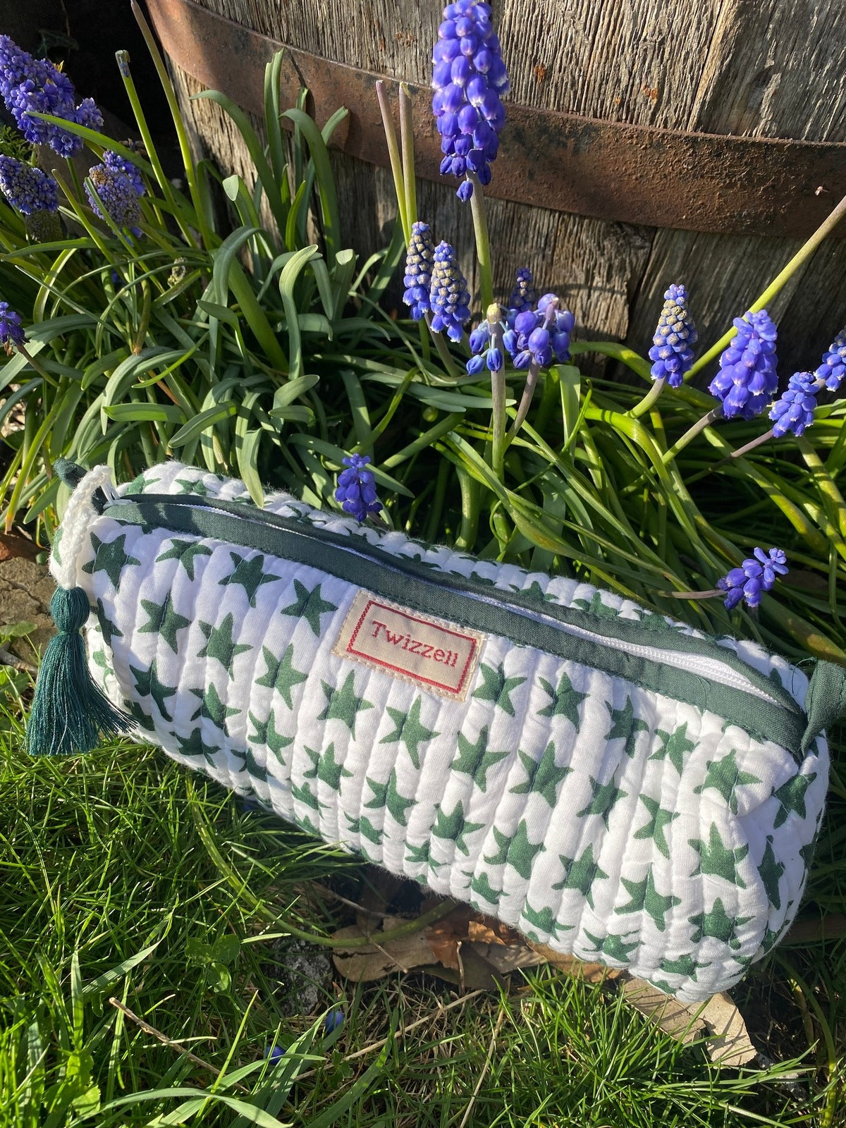 Quilted Indian Block Print Pencil Case - Green Star