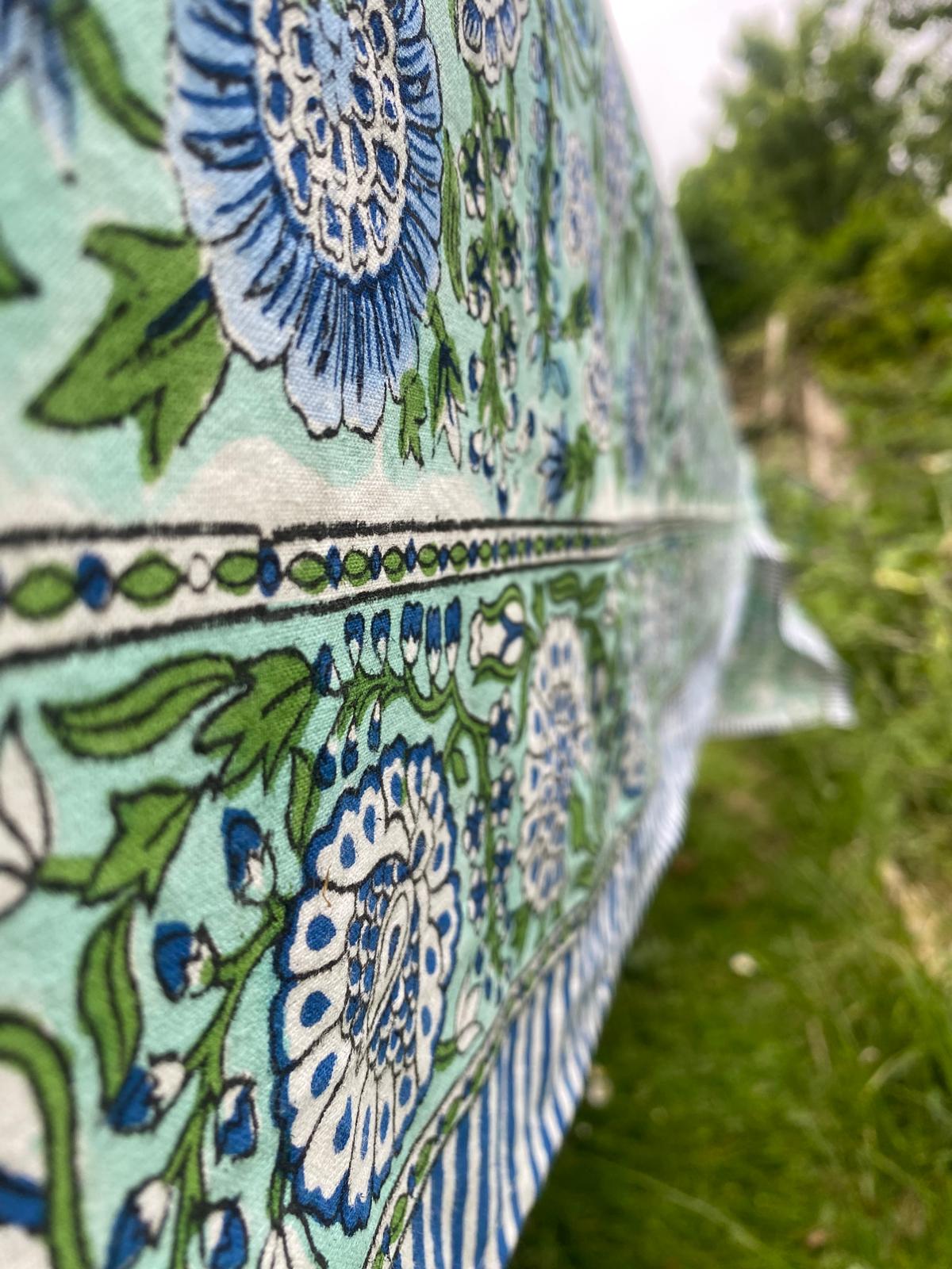 Indian Block Print Tablecloth - Green and Blue