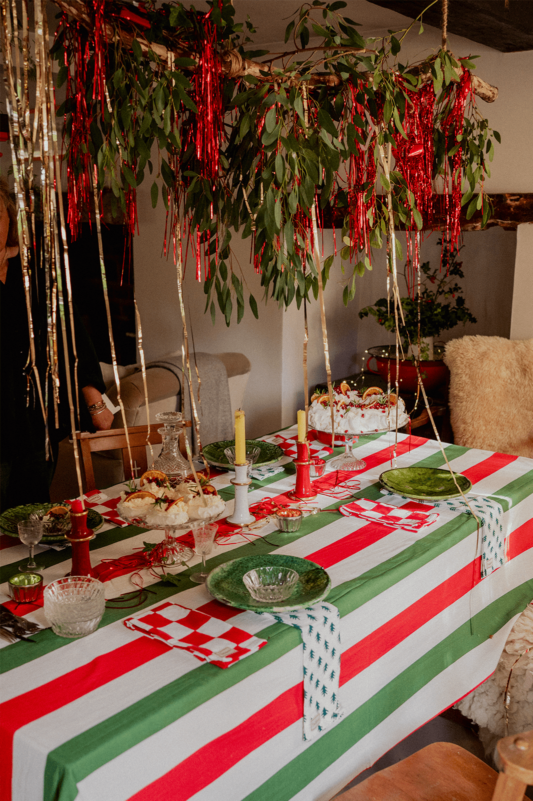 Red, Green and White Stripe Tablecloth
