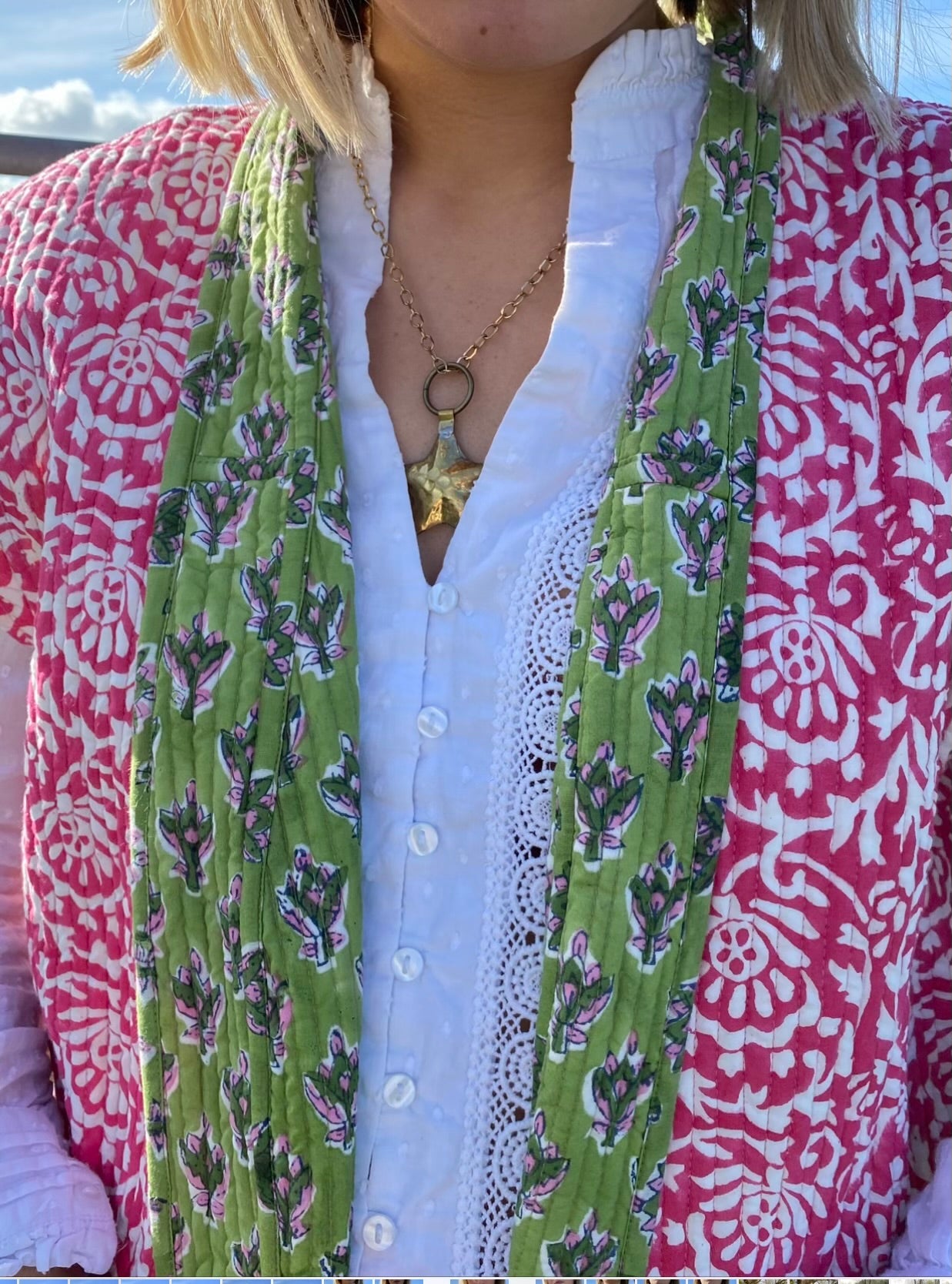 Reversible Quilted Gilet - Green and Pink