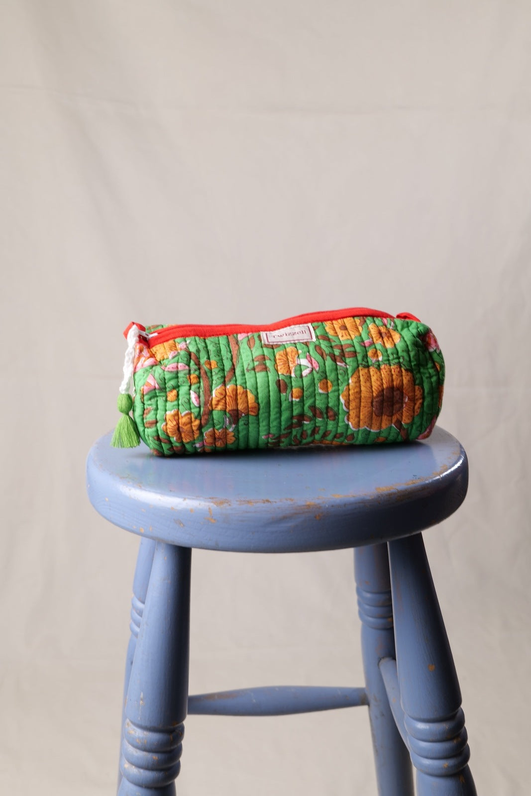 Quilted Indian Block Print Pencil Case - Green/Yellow