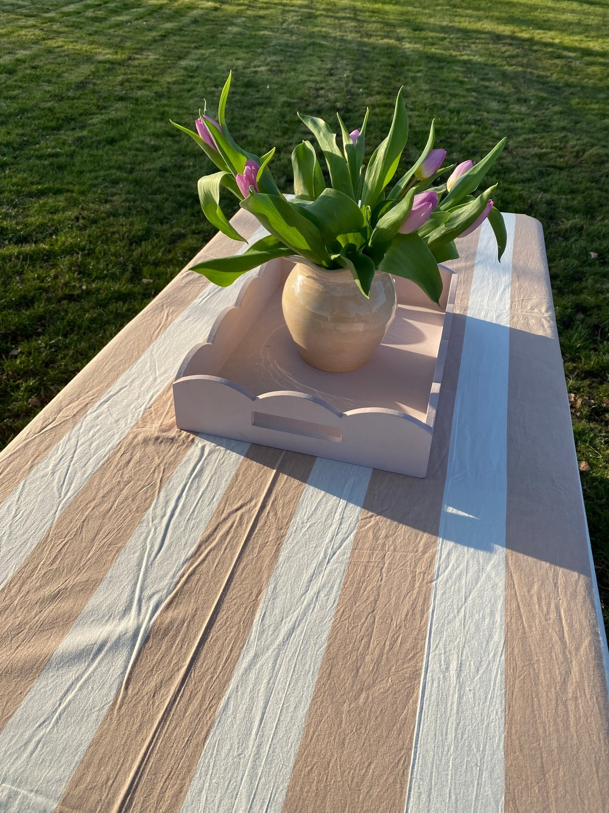Indian Block Print Tablecloth - Beige Stripe