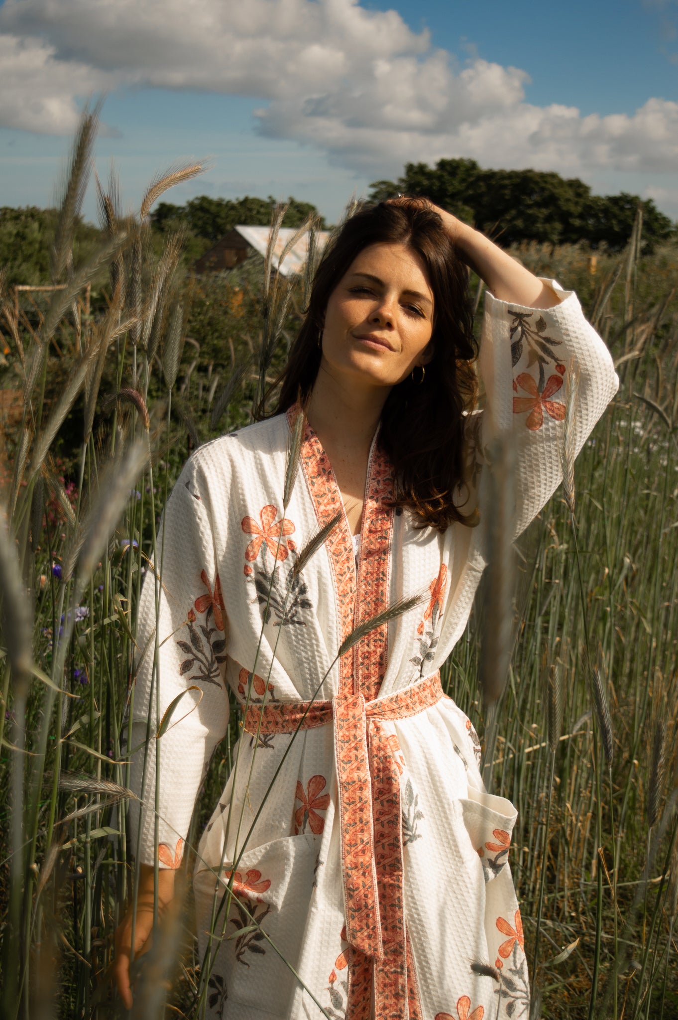 Cotton Waffle Indian Block Print Dressing Gown - Peach Flowers