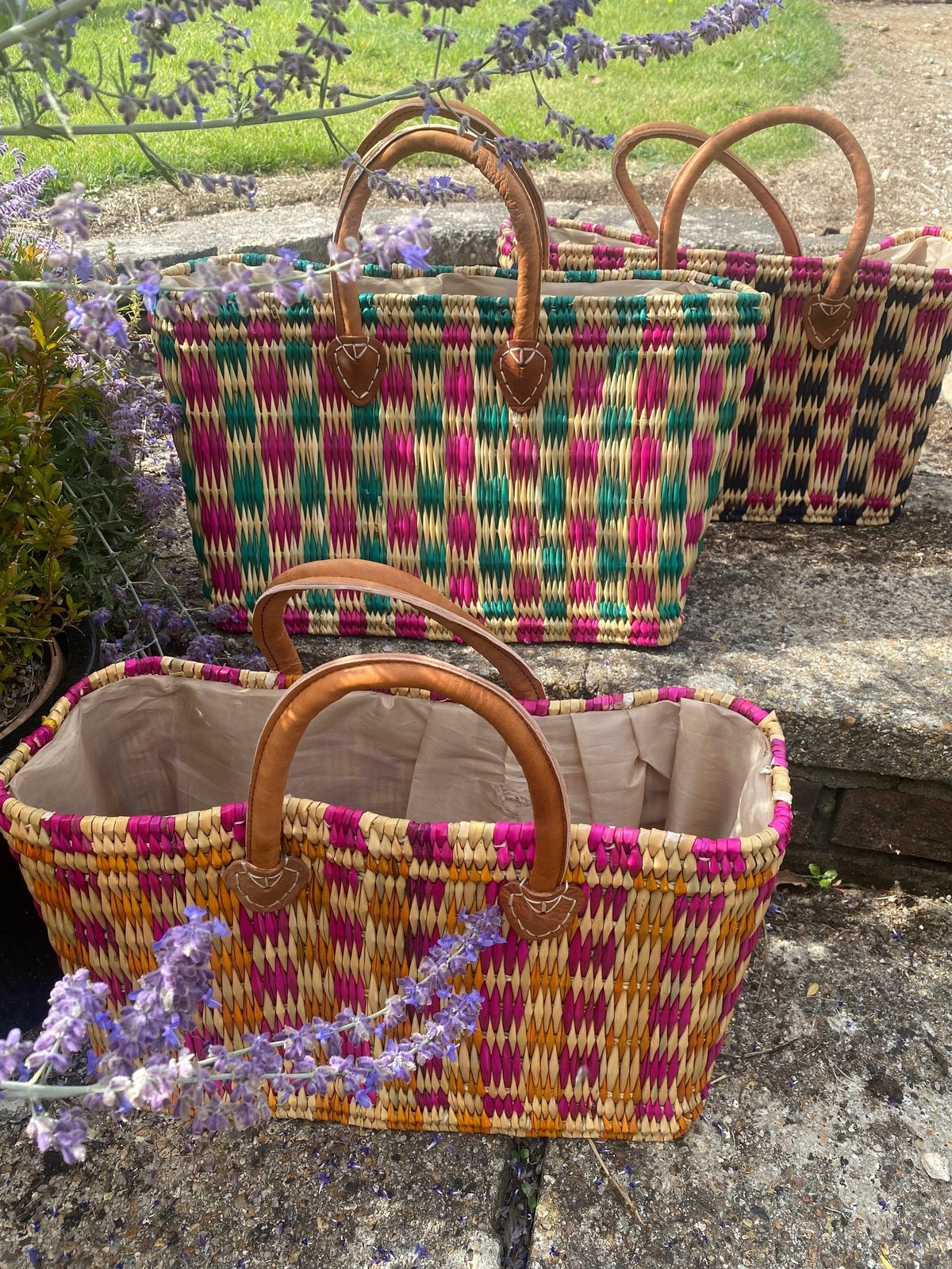 Woven checkerboard basket - pink and green