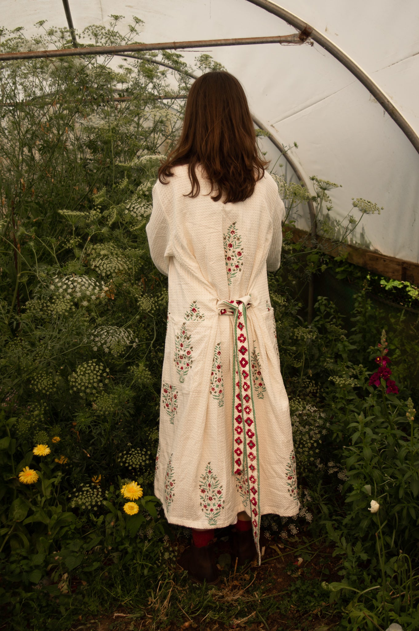 Cotton Waffle Indian Block Print Dressing Gown - Burgundy Tree