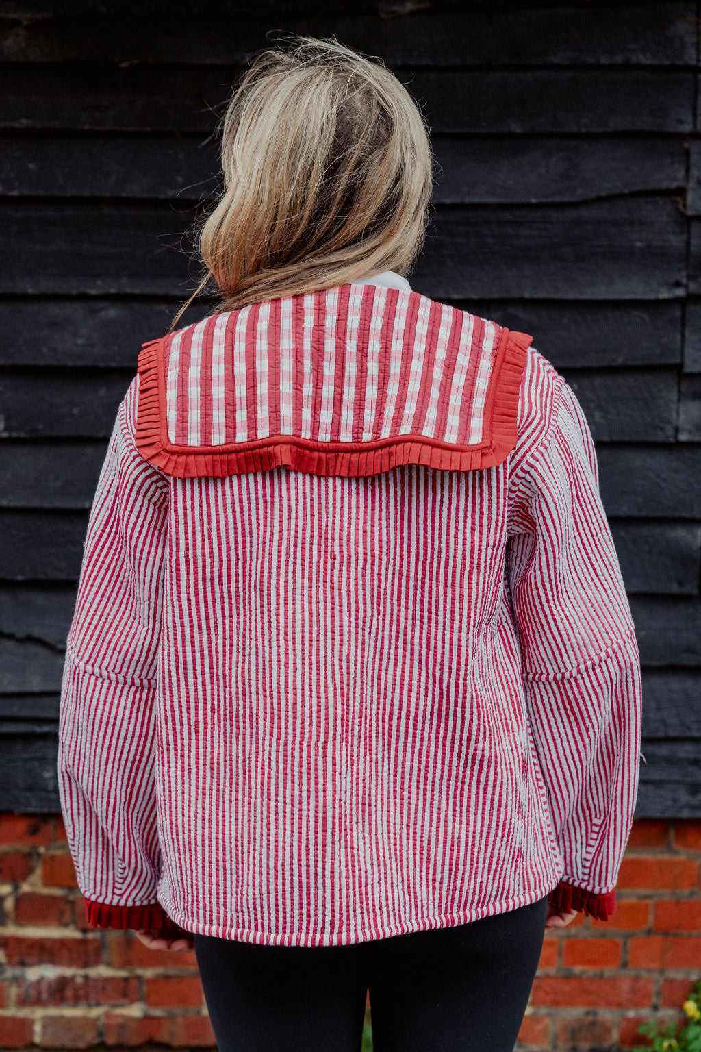 Sailor Collar Reversible Jacket - Red and Pink Gingham with Red Stripe Reverse
