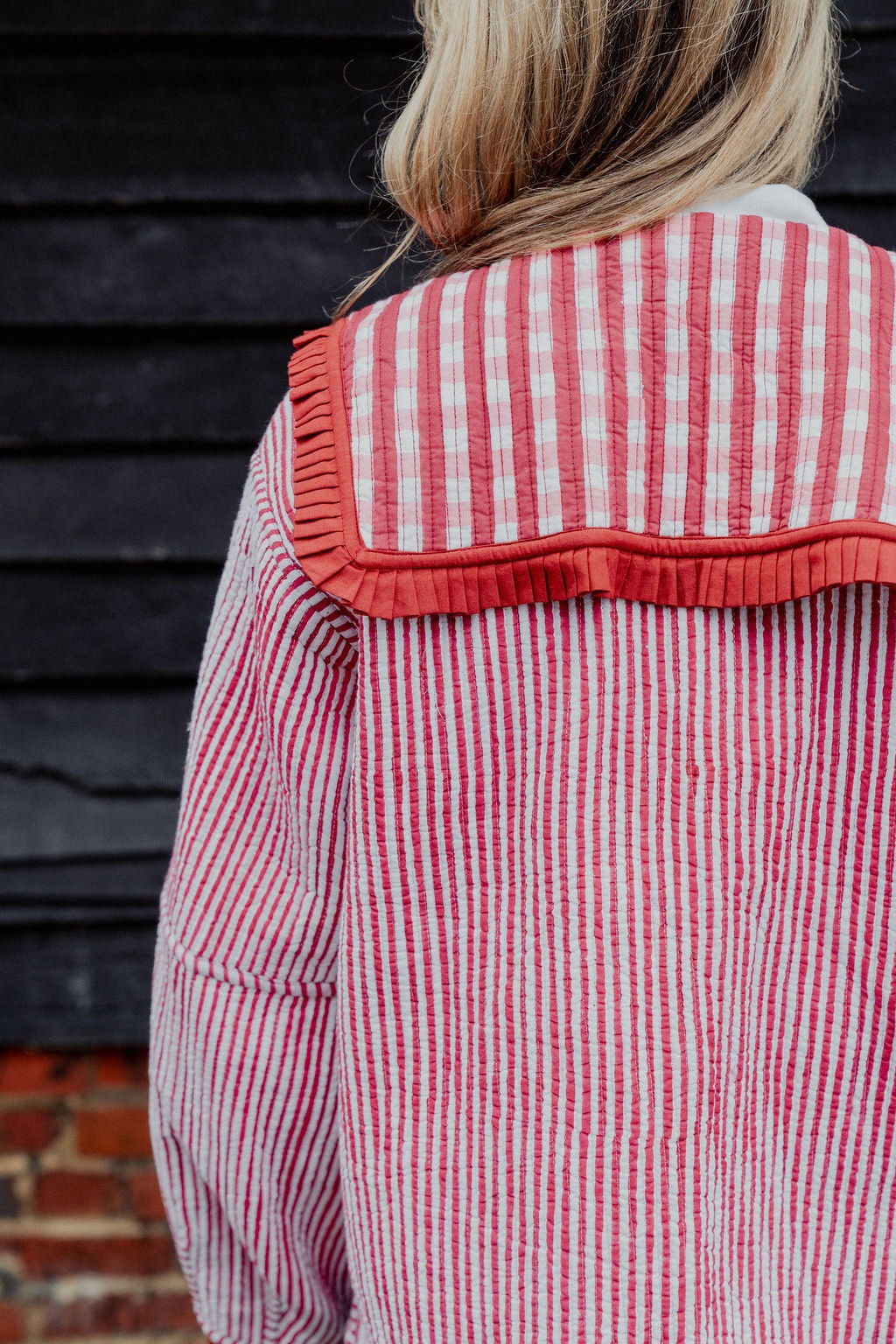 Sailor Collar Reversible Jacket - Red and Pink Gingham with Red Stripe Reverse