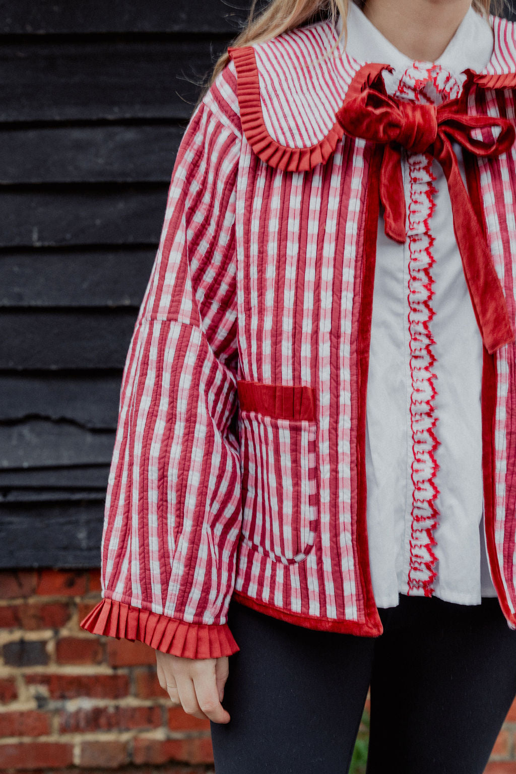Sailor Collar Reversible Jacket - Red and Pink Gingham with Red Stripe Reverse