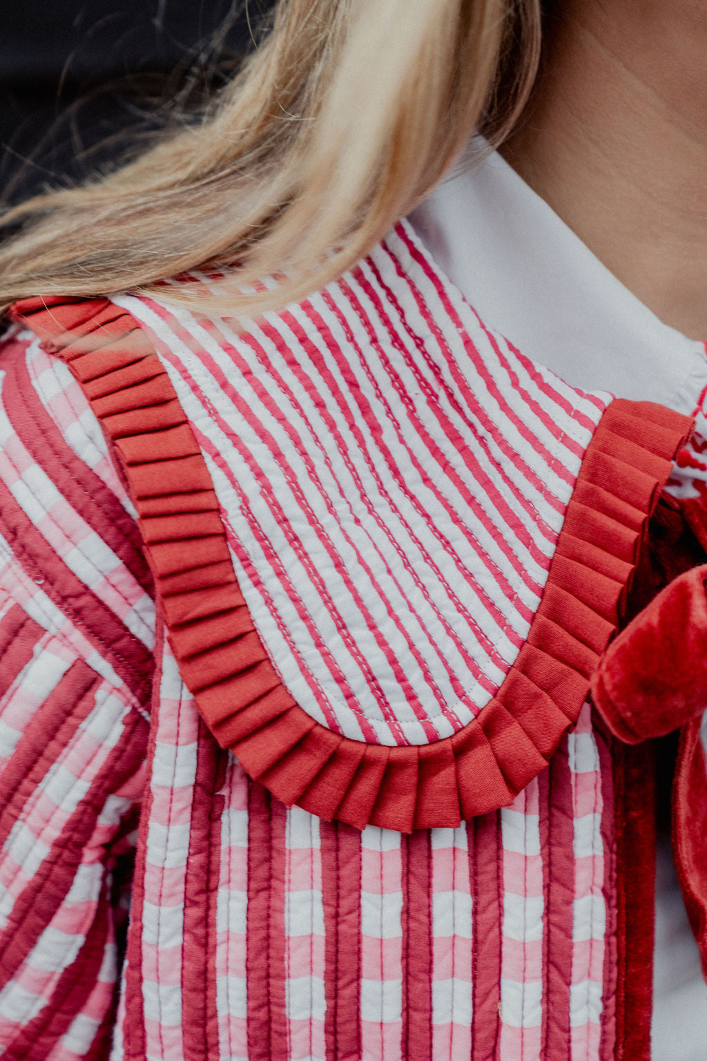 Sailor Collar Reversible Jacket - Red and Pink Gingham with Red Stripe Reverse