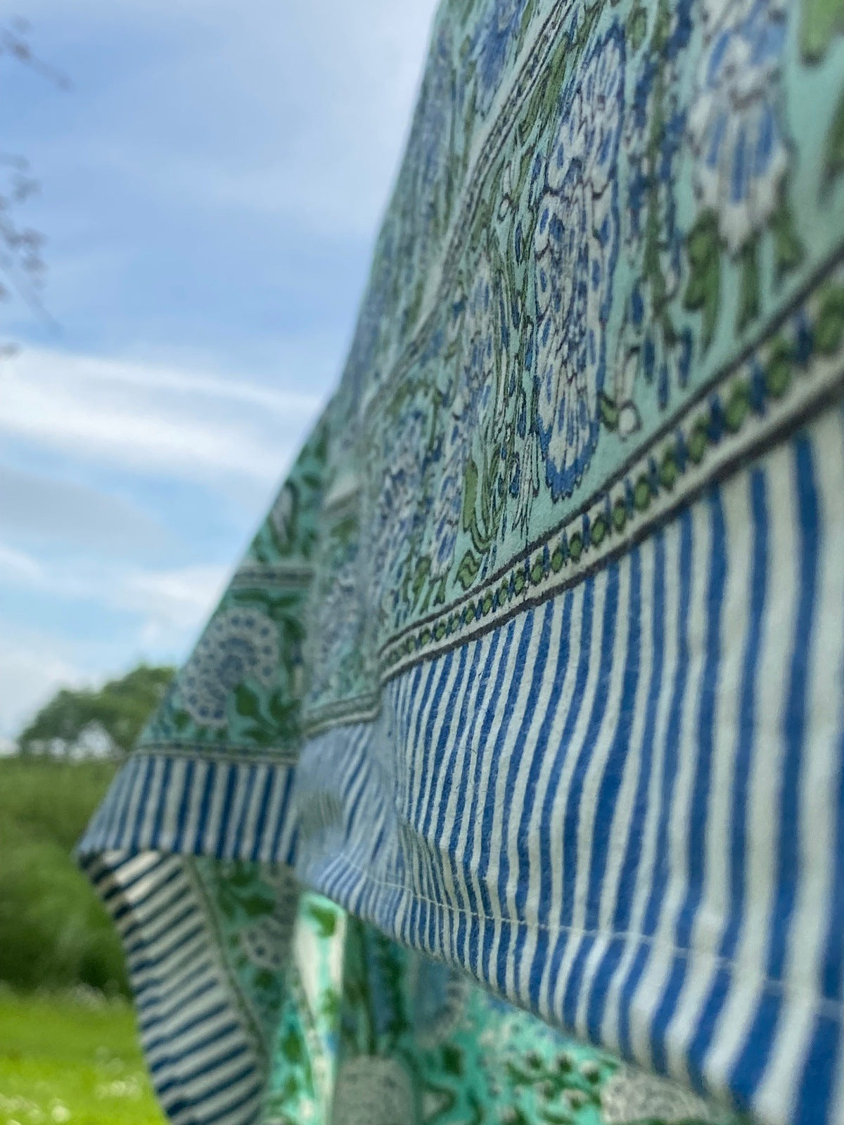 Indian Block Print Tablecloth - Green and Blue