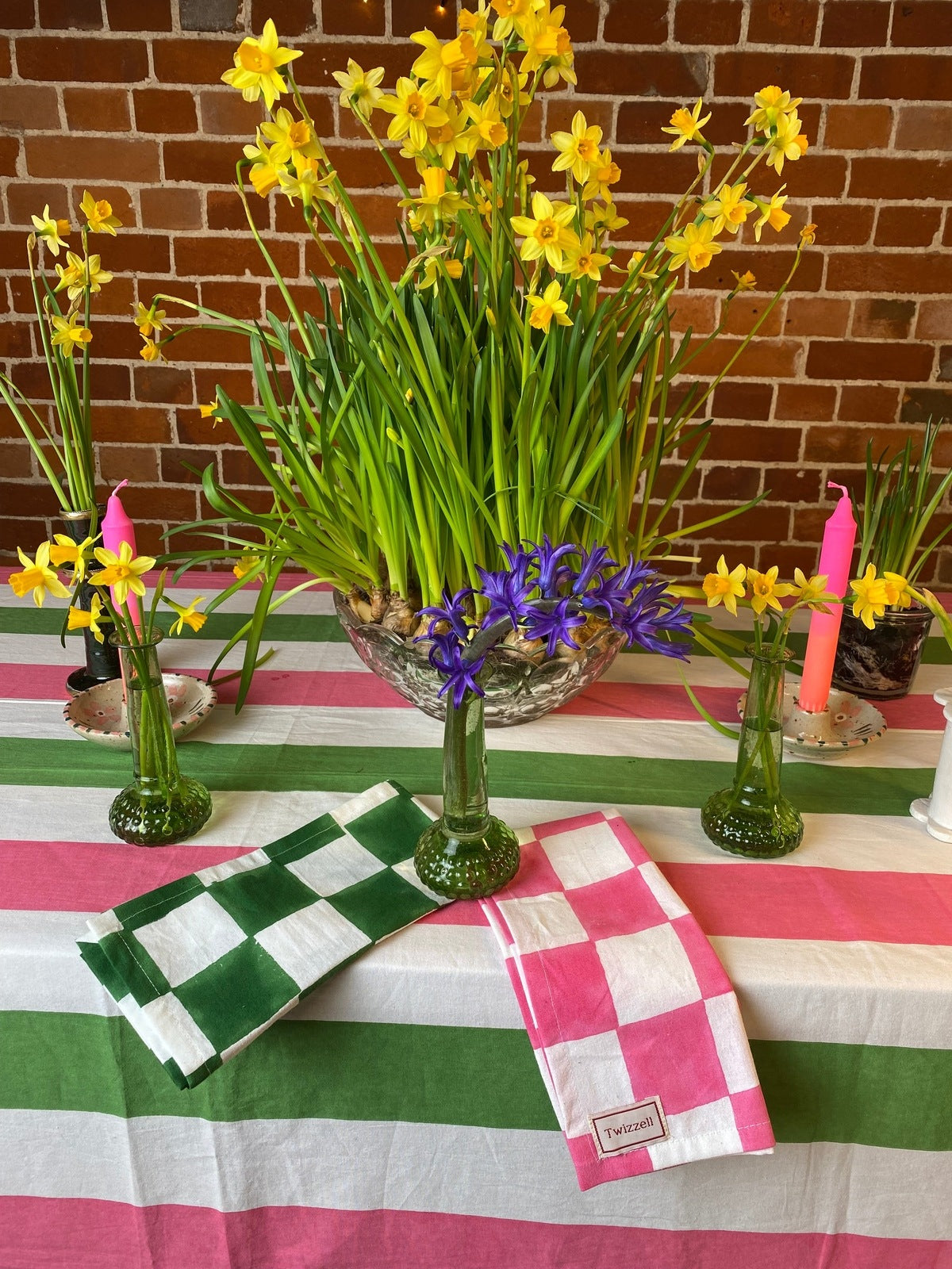 Pink, Sage and White Stripe Tablecloth