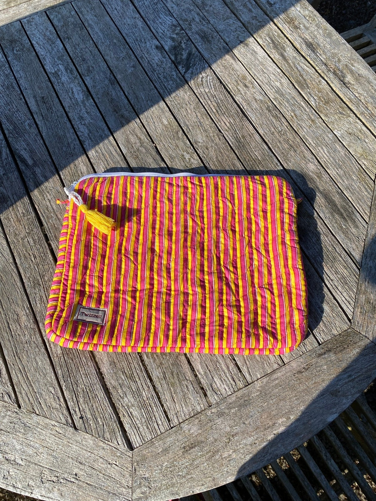 Indian Block Print Laptop Pouch - Geometric Pink Stripe