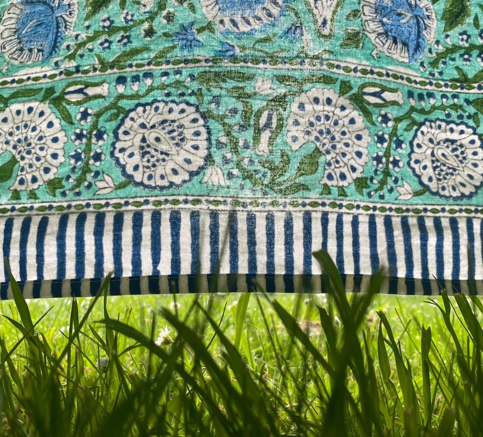 Indian Block Print Tablecloth - Green and Blue