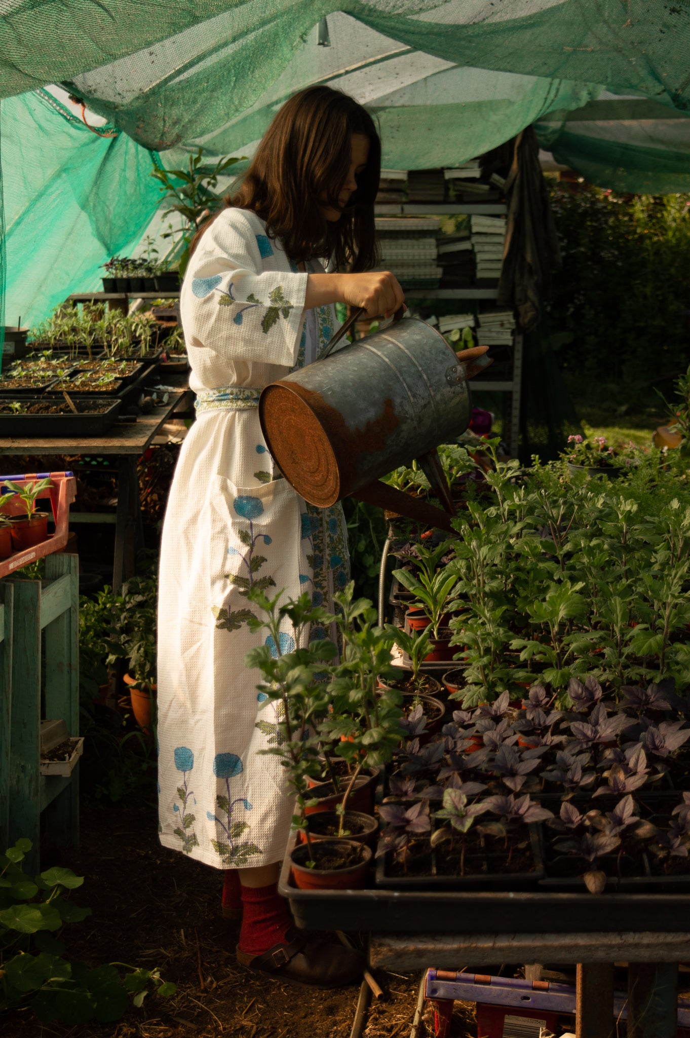 Cotton Waffle Indian Block Print Dressing Gown - Blue Pom Pom Flower