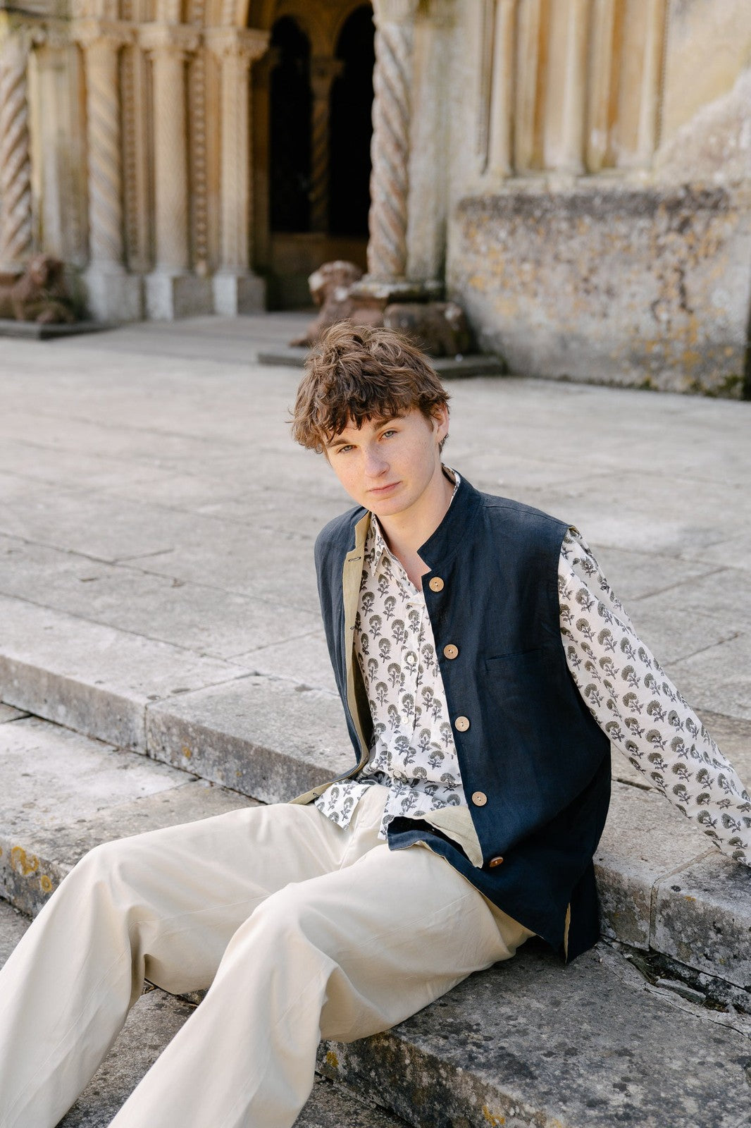 Reversible Linen Nehru Gilet Navy and Straw