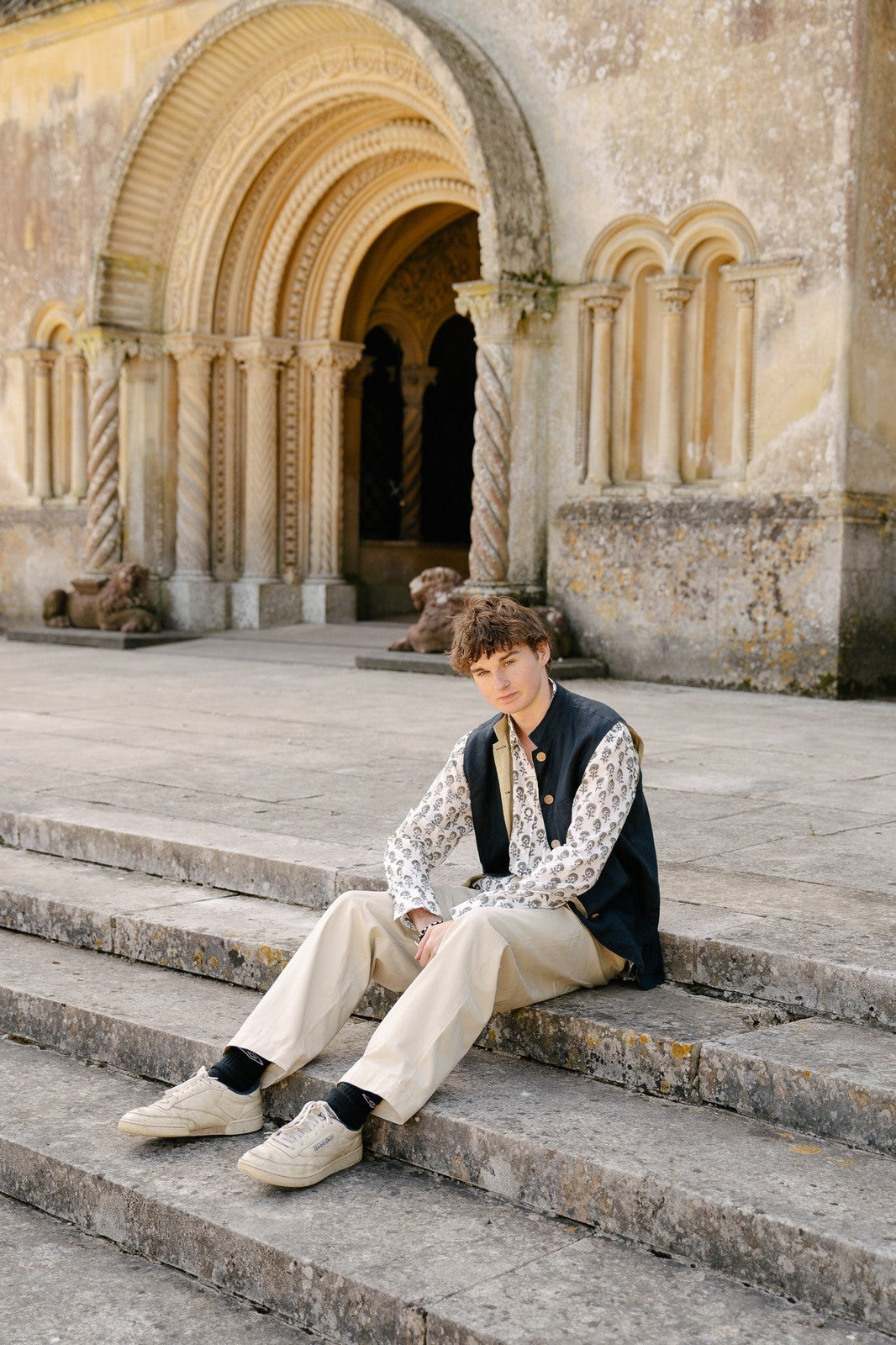 Reversible Linen Nehru Gilet Navy and Straw