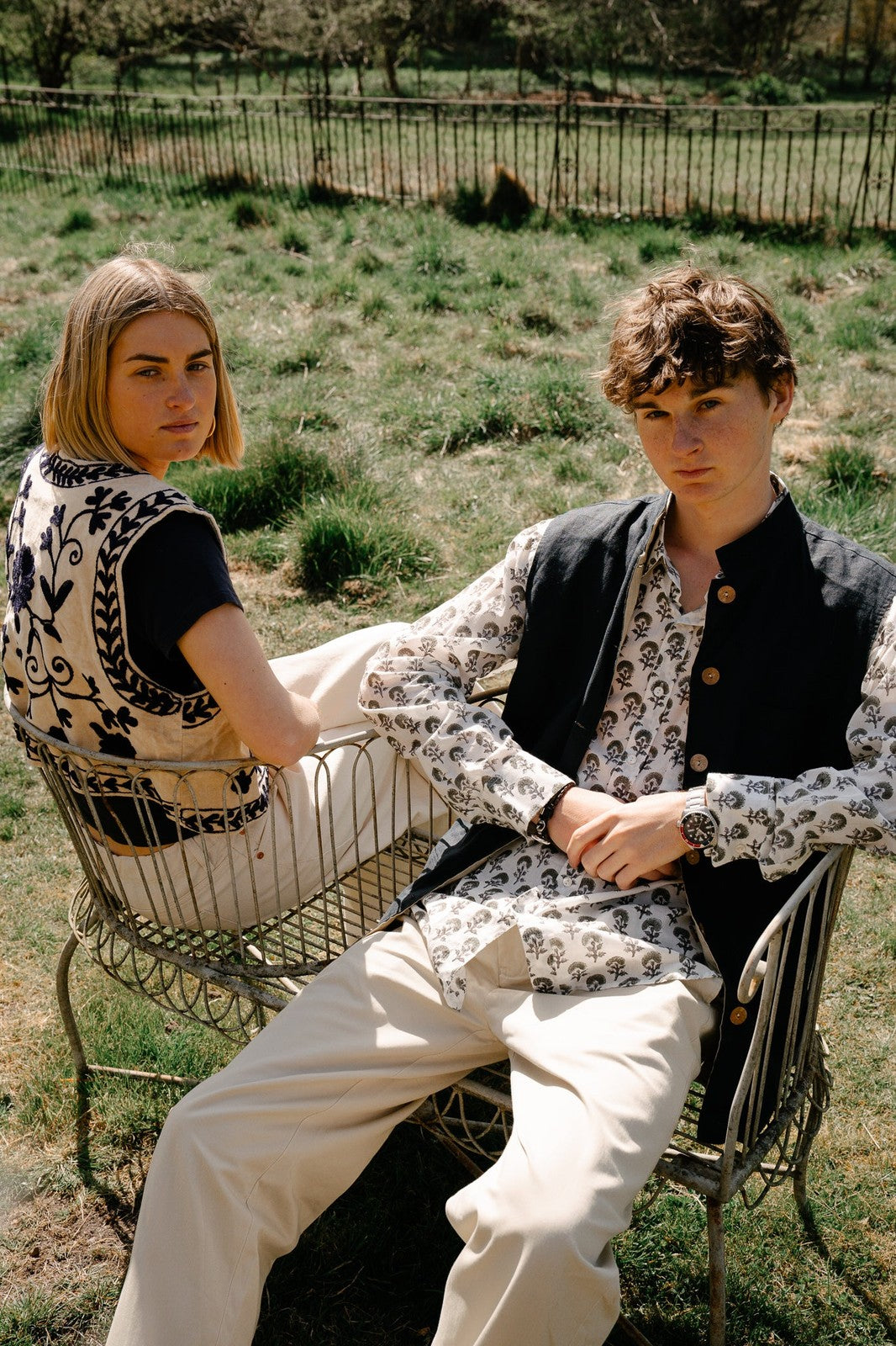 Reversible Linen Nehru Gilet Navy and Straw