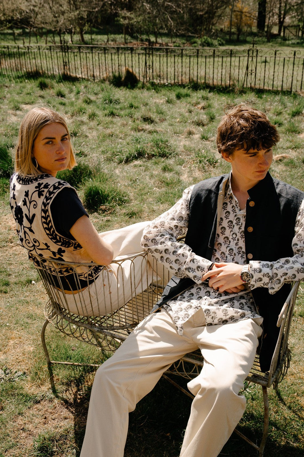 Reversible Linen Nehru Gilet Navy and Straw