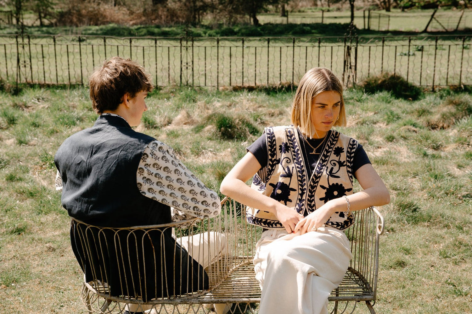 Reversible Linen Nehru Gilet Navy and Straw