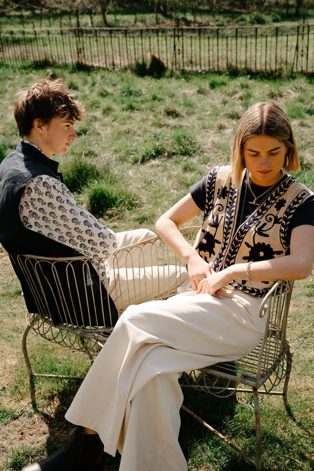 Reversible Linen Nehru Gilet Navy and Straw