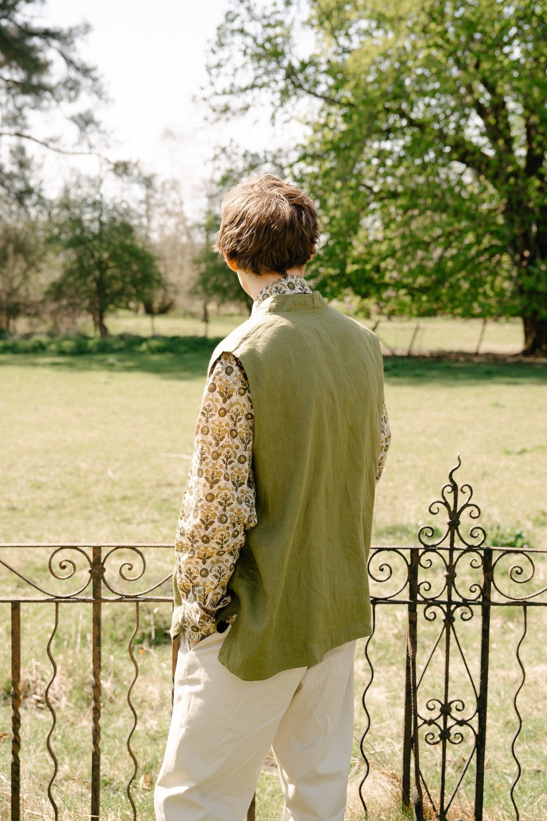 Reversible Linen Nehru Gilet Forest and Moss