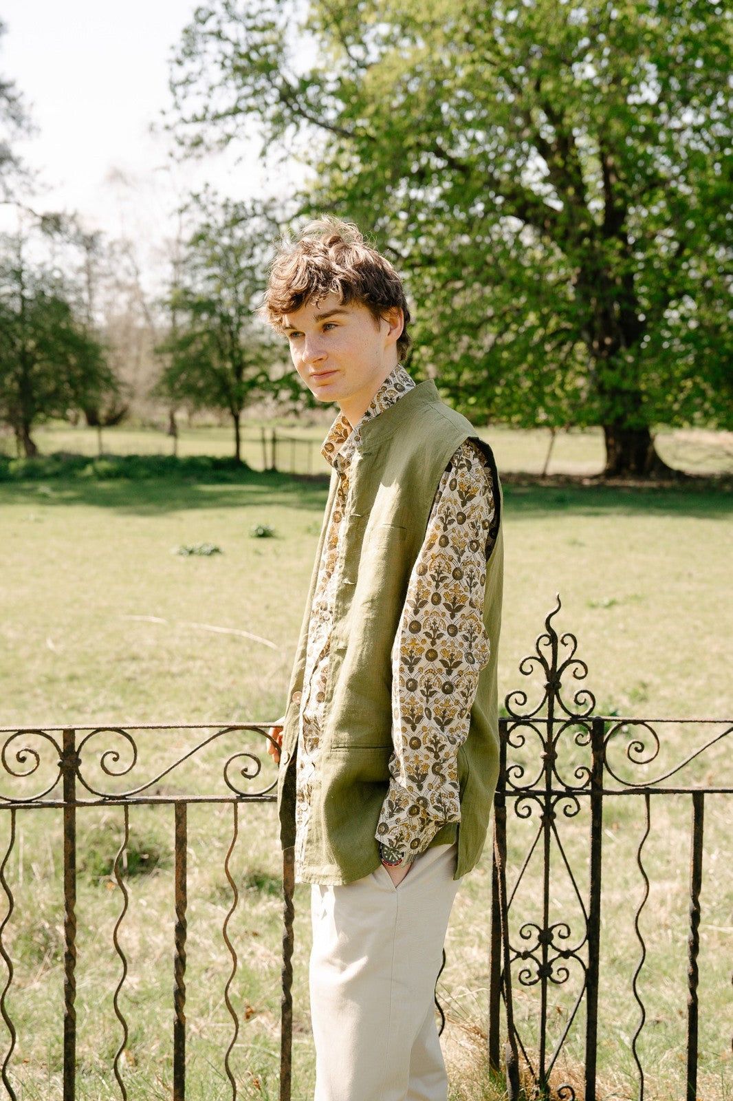 Reversible Linen Nehru Gilet Forest and Moss