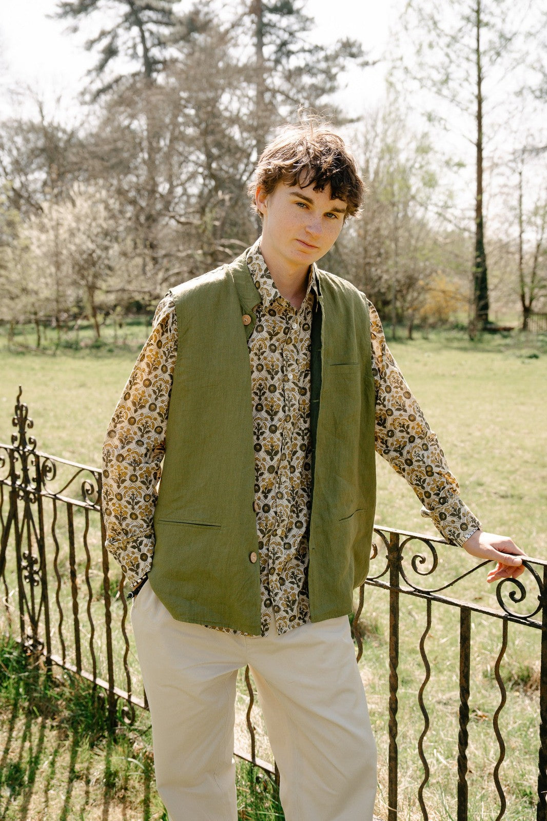 Reversible Linen Nehru Gilet Forest and Moss