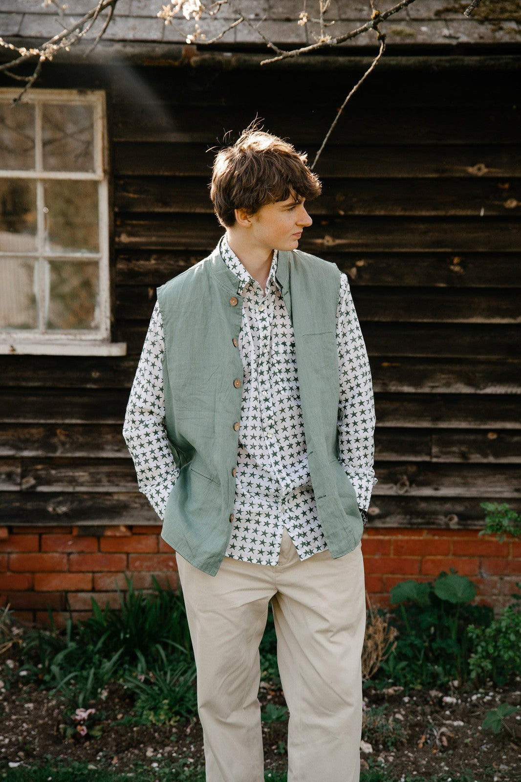 Reversible Linen Nehru Gilet Navy and Aquamarine