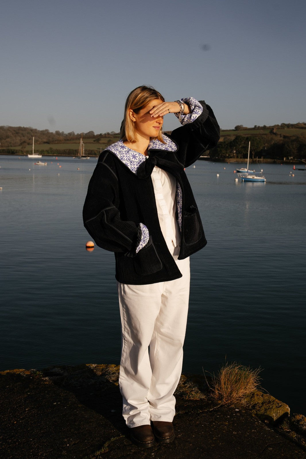 Reversible Sailor Collar Jacket - Navy Velvet and Mauve Geometric Block Print