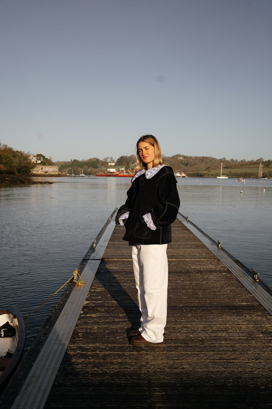 Reversible Sailor Collar Jacket - Navy Velvet and Mauve Geometric Block Print