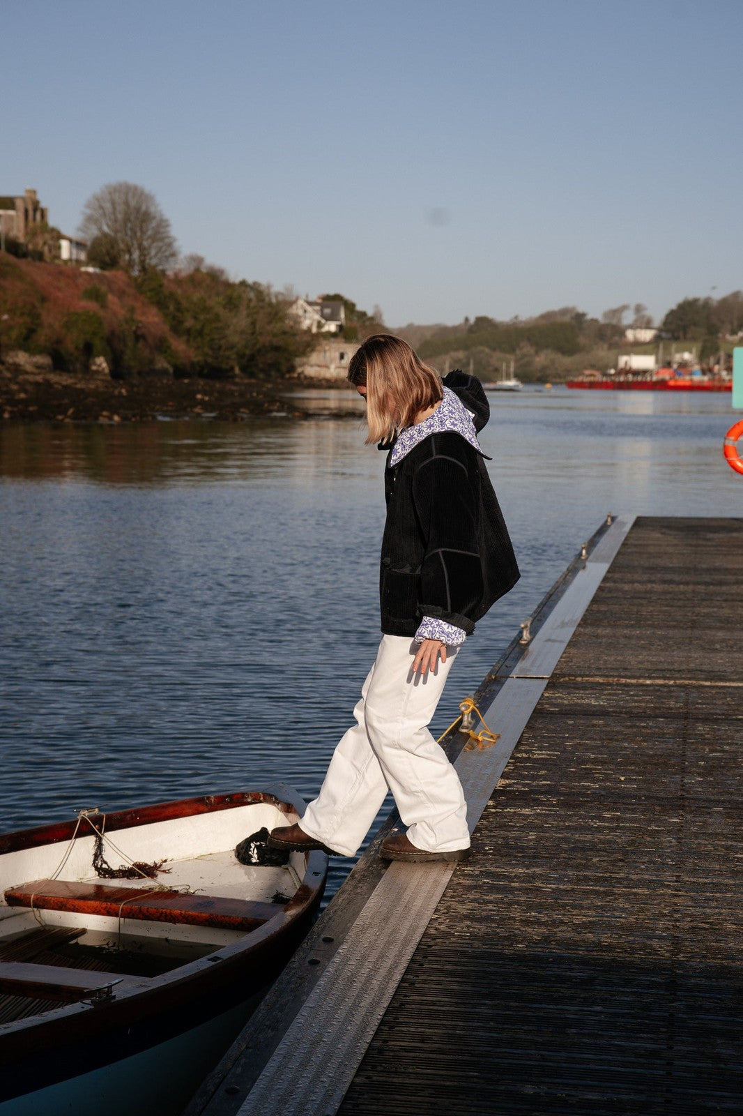 Reversible Sailor Collar Jacket - Navy Velvet and Mauve Geometric Block Print