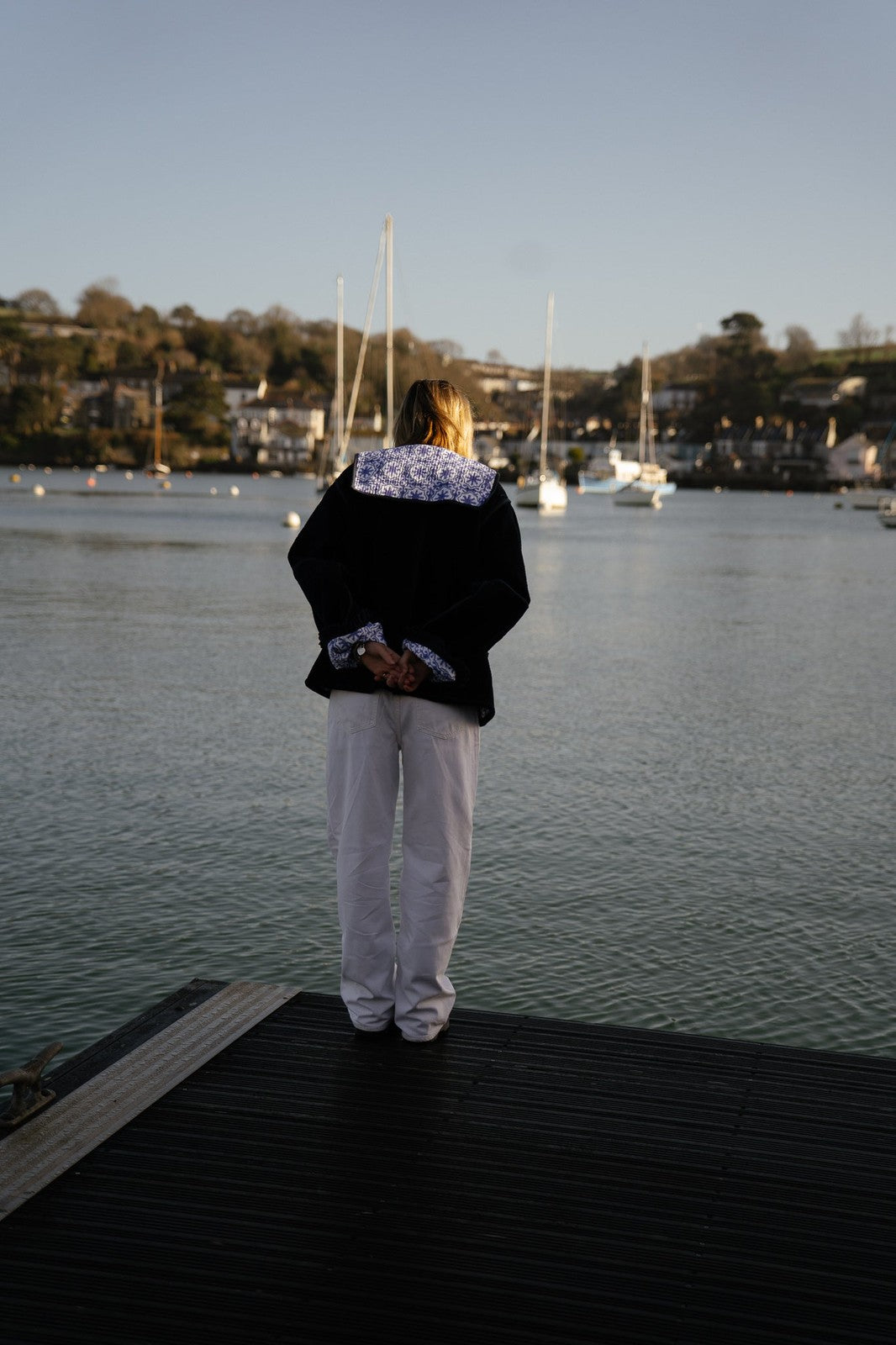 Reversible Sailor Collar Jacket - Navy Velvet and Mauve Geometric Block Print