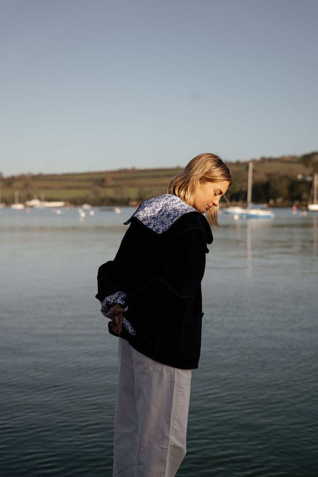 Reversible Sailor Collar Jacket - Navy Velvet and Mauve Geometric Block Print