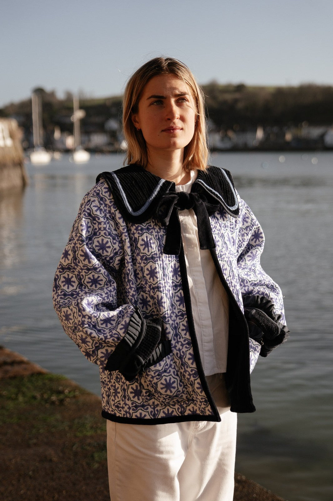Reversible Sailor Collar Jacket - Navy Velvet and Mauve Geometric Block Print