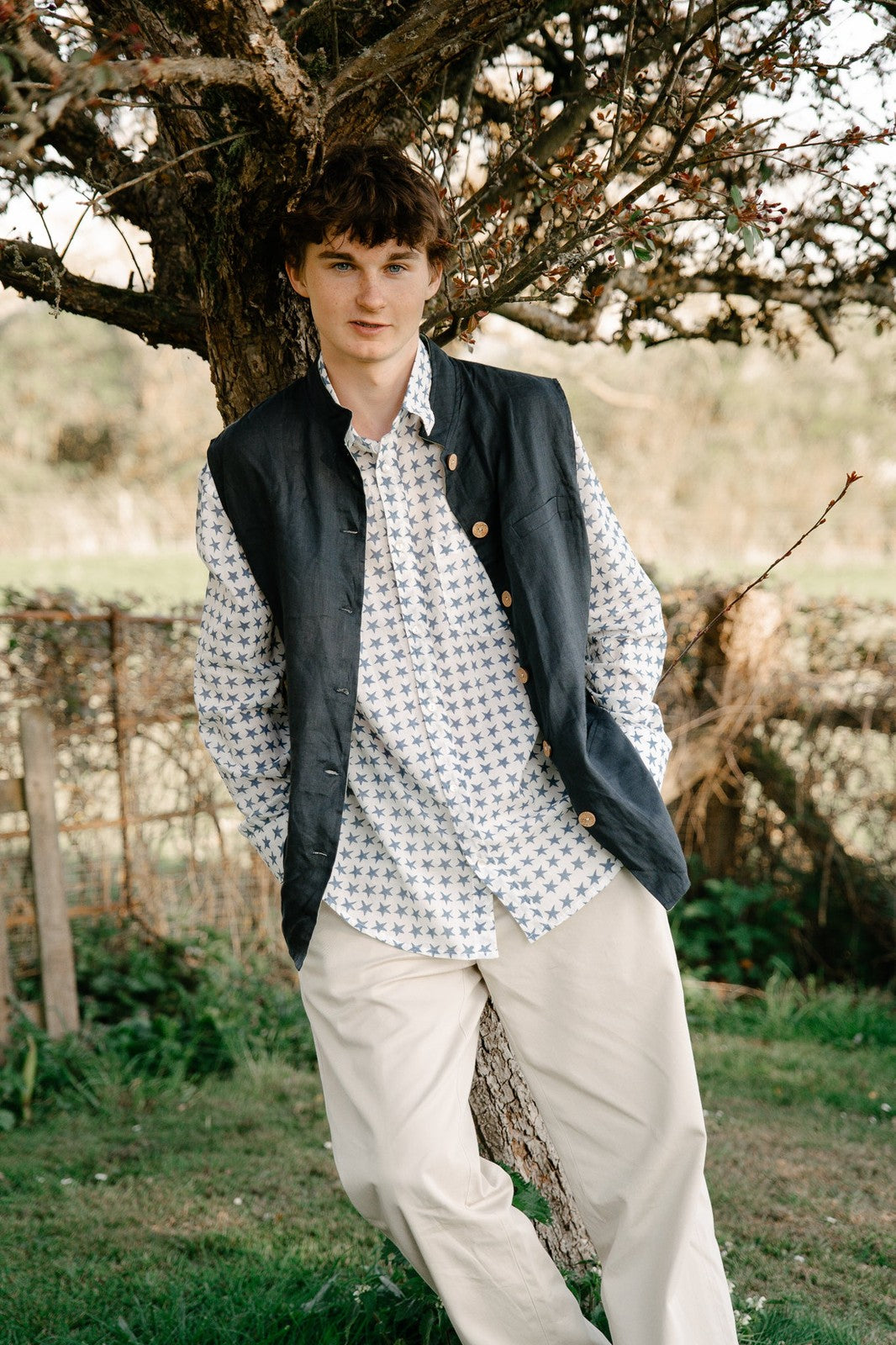 Reversible Linen Nehru Gilet Navy and Pistachio