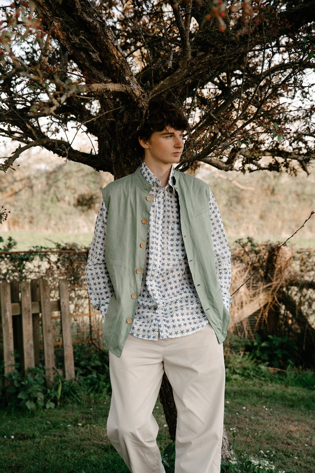 Reversible Linen Nehru Gilet Navy and Pistachio