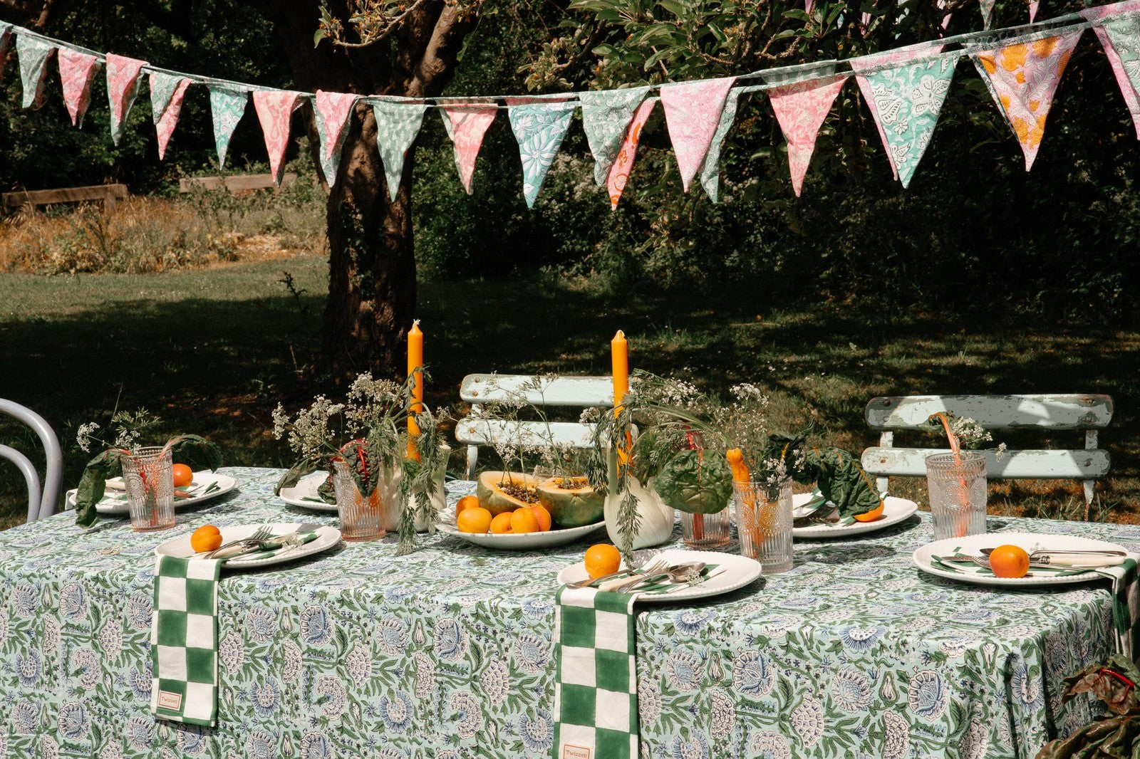 Green and Blue Floral Tablecloth