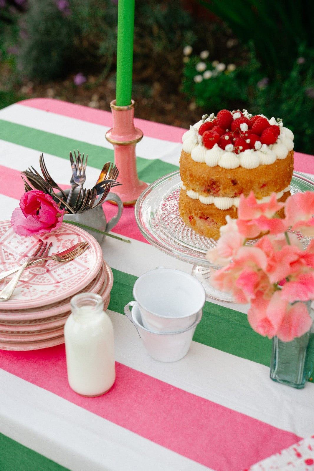 Pink, Sage and White Stripe Tablecloth