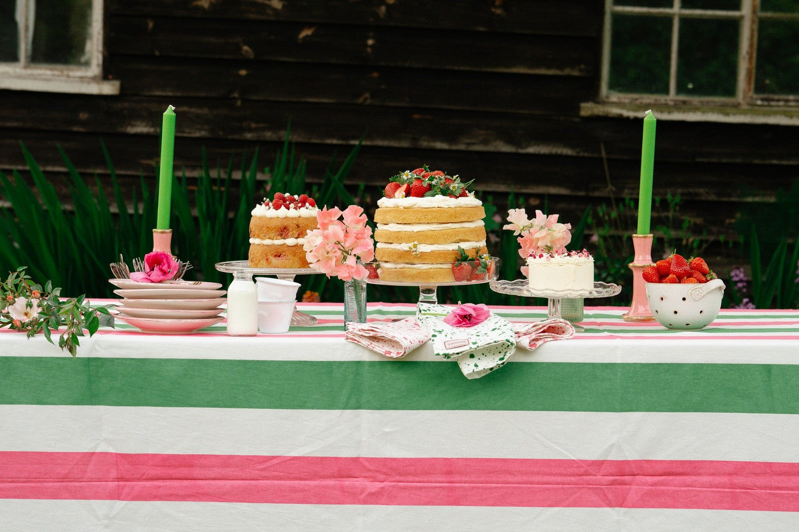 Pink, Sage and White Stripe Tablecloth