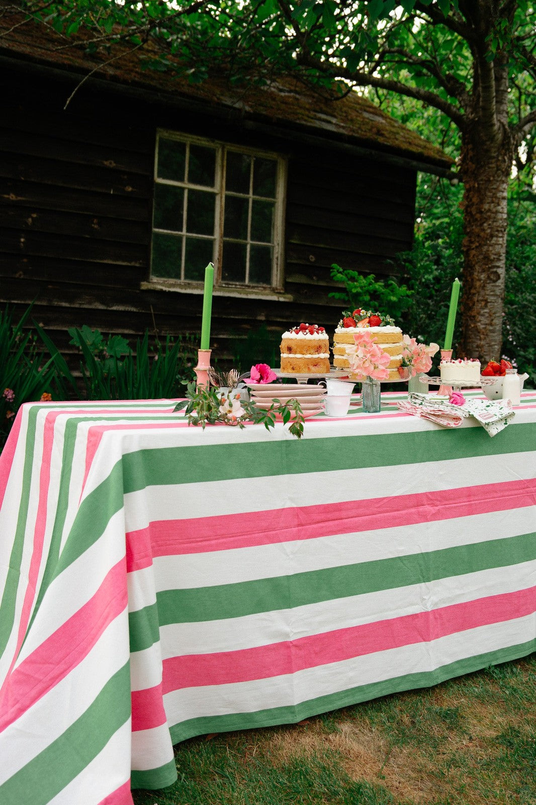 Pink, Sage and White Stripe Tablecloth