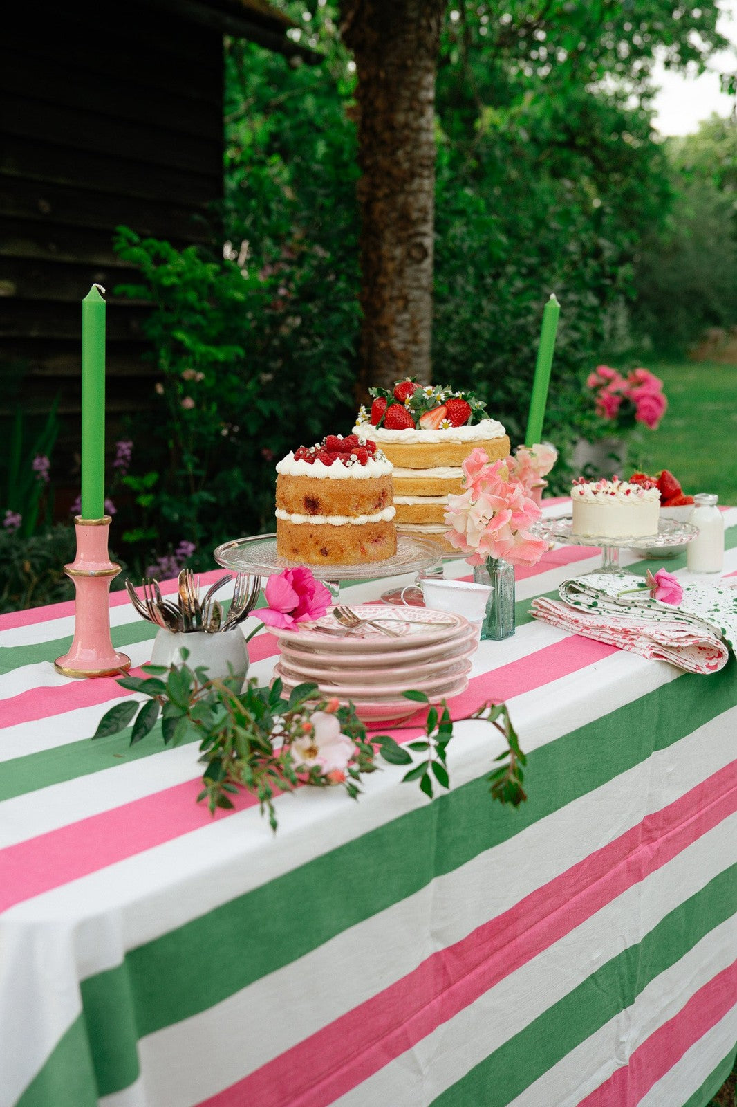 Pink, Sage and White Stripe Tablecloth