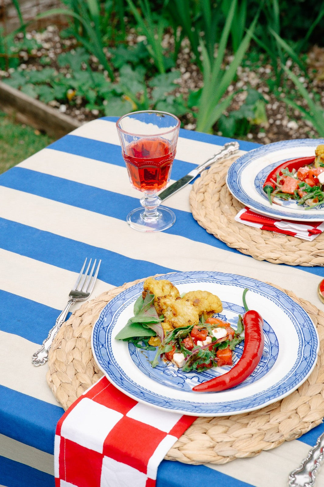 Blue and Beige Stripe Tablecloth
