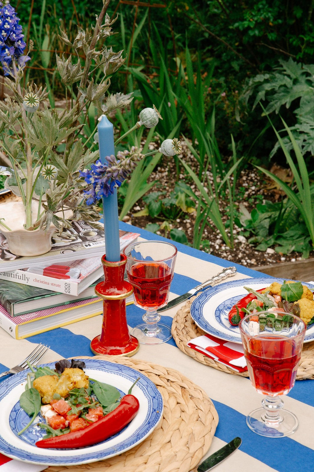 Blue and Beige Stripe Tablecloth