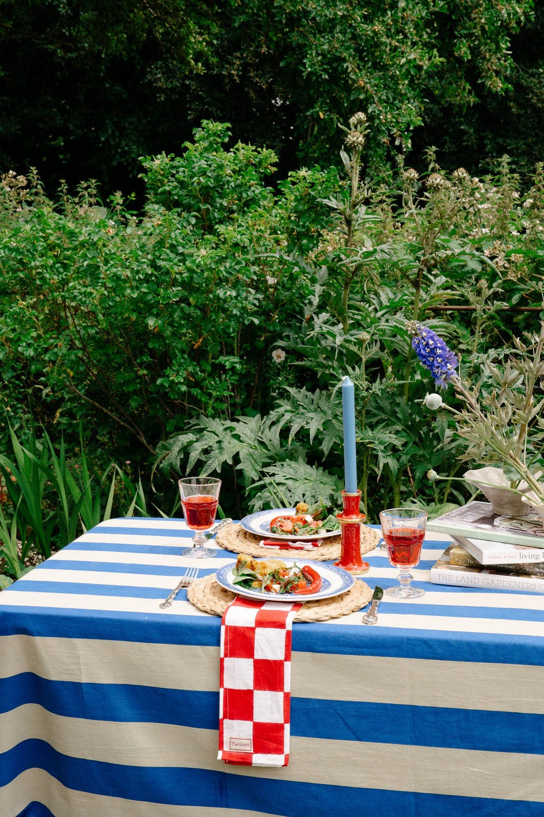 Blue and Beige Stripe Tablecloth
