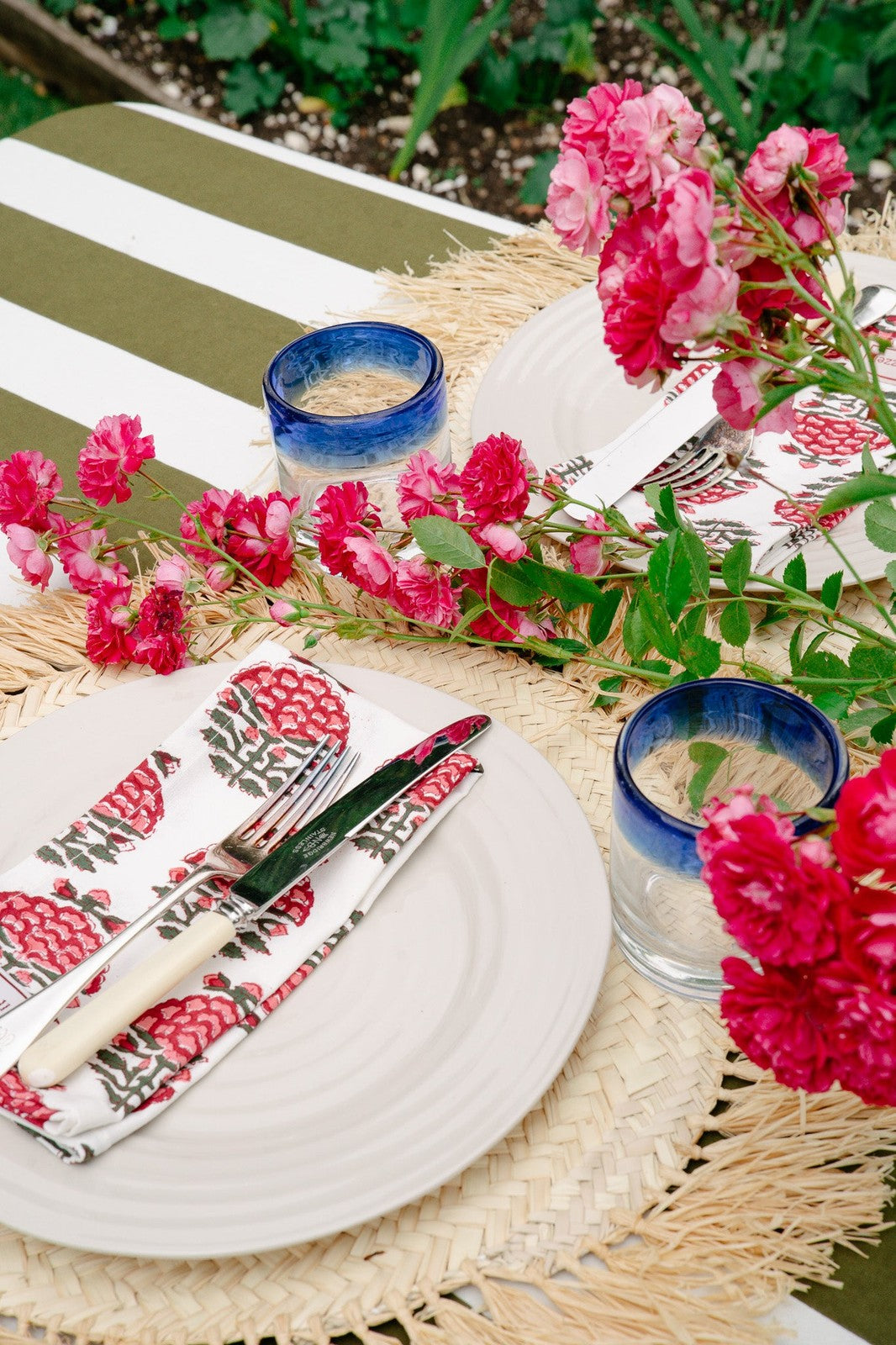 Indian Block Print Tablecloth - Khaki Stripe
