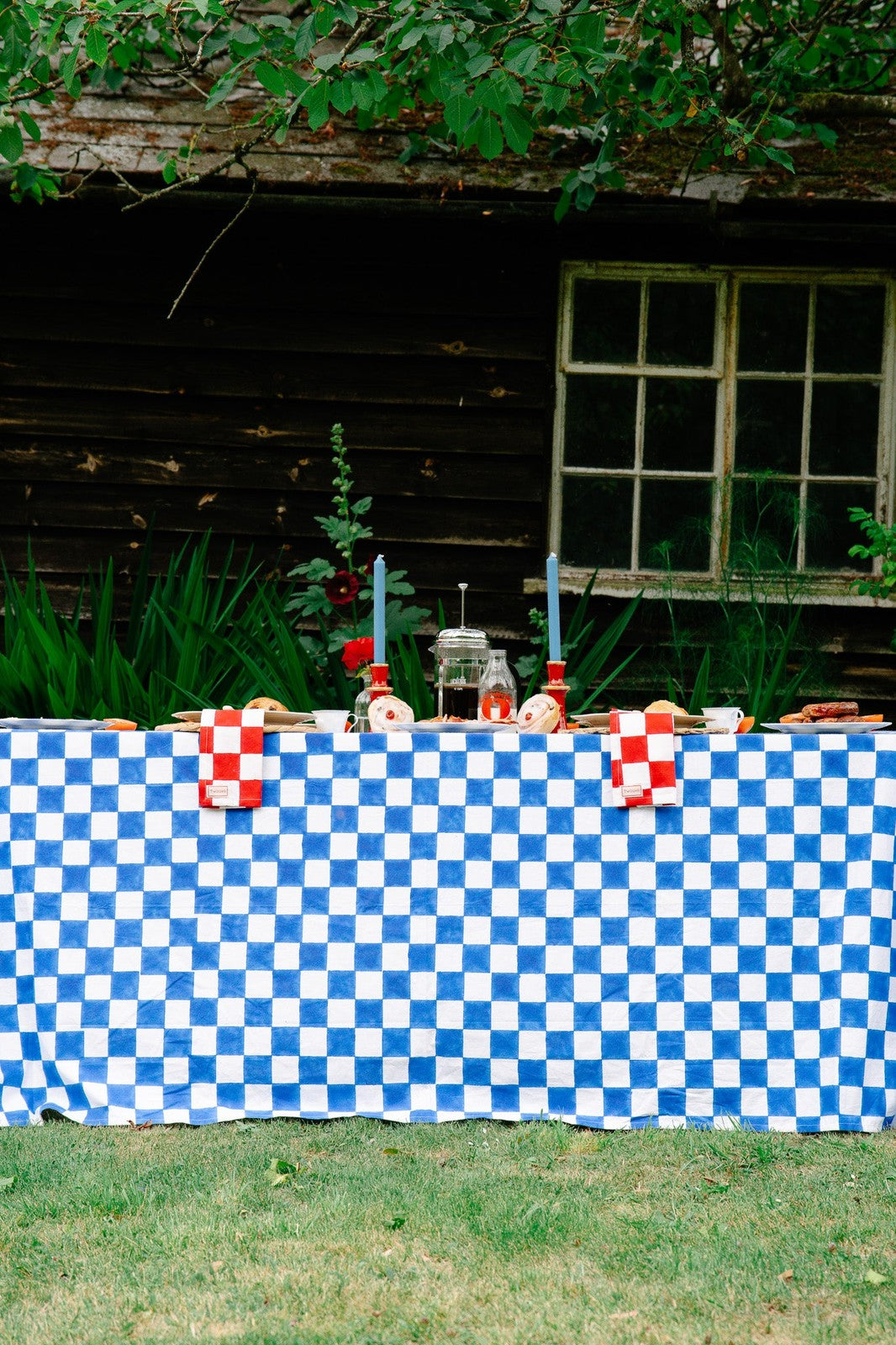 Blue and White Checkerboard Tablecloth