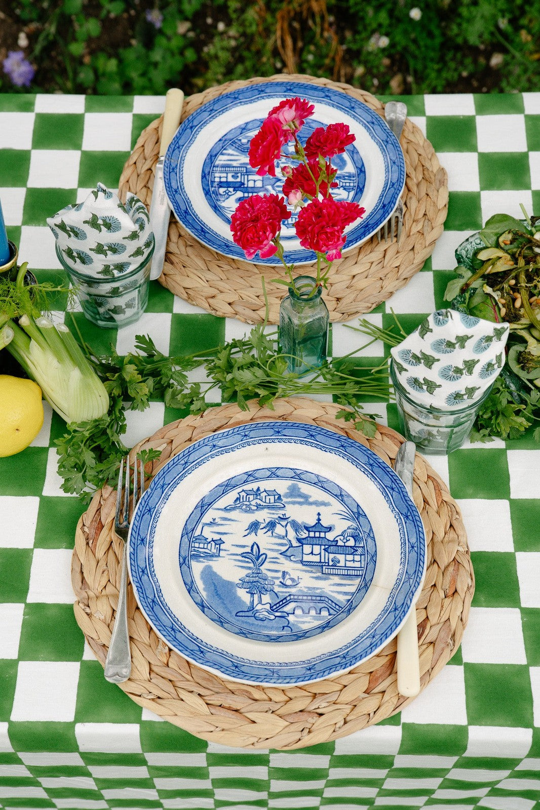 Green & White Checkerboard Tablecloth