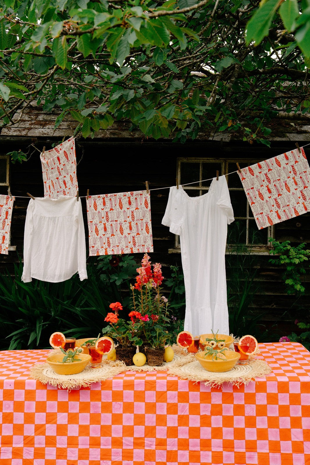 Pink and Orange Checkerboard Tablecloth