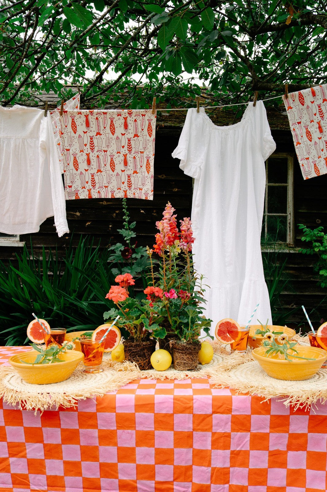 Pink and Orange Checkerboard Tablecloth