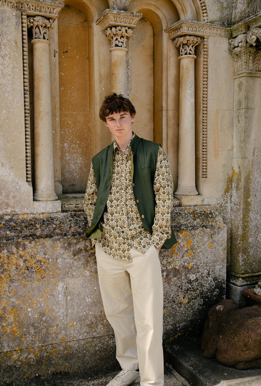 Reversible Linen Nehru Gilet Forest and Moss